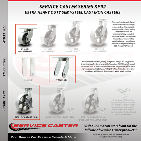 Service Caster 6 Inch Heavy Duty Semi Steel Cast Iron Caster Swivel Lock 2 Brakes SCC, 2PK SCC-KP92S630-SSR-BSL-2-SLB-2
